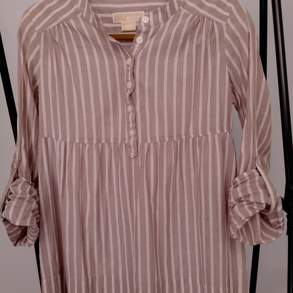 Michael Kors Taupe & White Striped Peasant Blouse